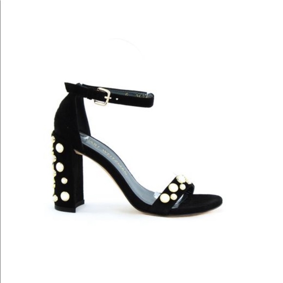 Stuart Weitzman black suade block heel w/ pearl white gold details in size 9.5 - Picture 6 of 16